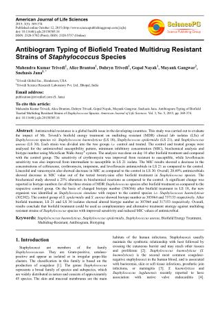 Antibiogram Typing of Biofield Treated Multidrug Resistant Strains of Staphylococcus Species