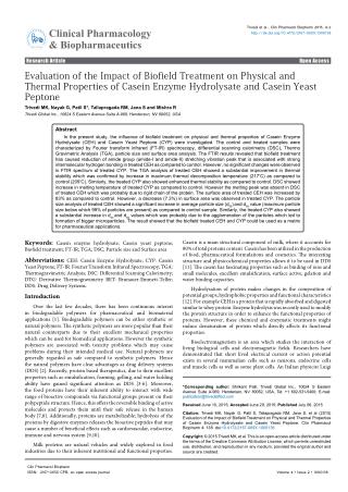 Evaluation of the Impact of Biofield Treatment on Physical and Thermal Properties of Casein Enzyme Hydrolysate and Casei