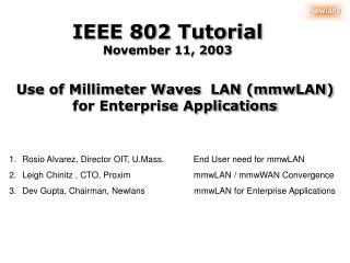 Use of Millimeter Waves LAN (mmwLAN) for Enterprise Applications