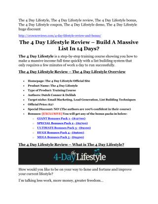 The 4 Day Lifestyle Review and The 4 Day Lifestyle (EXCLUSIVE) bonuses pack