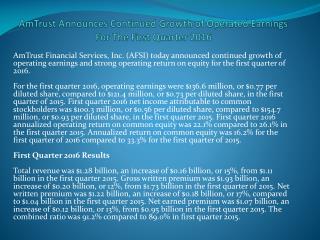 AmTrust Announces Continued Growth of Operated Earnings For The First Quarter 2016