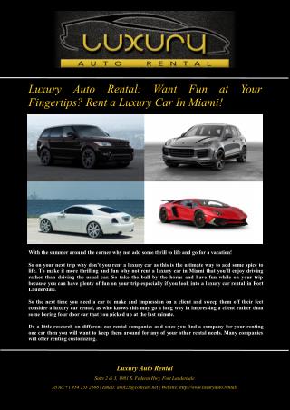 Luxury Auto Rental: Want Fun at Your Fingertips? Rent a Luxury Car In Miami!