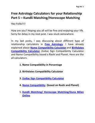 Free Astrology Calculators for your Relationship Part 5 – Kundli Matching/Horoscope Matching