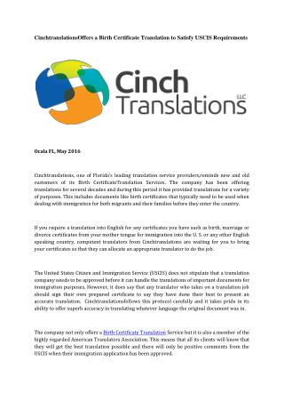 CinchtranslationsOffers a Birth Certificate Translation to Satisfy USCIS Requirements