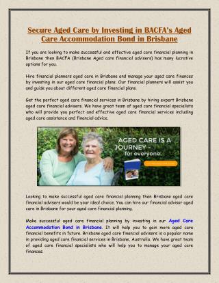 Secure Aged Care by Investing in BACFA’s Aged Care Accommodation Bond in Brisbane