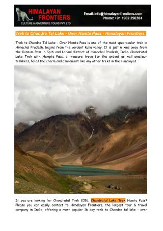 Chandratal Lake Trek Over Hamta Pass - Himalayan Frontiers