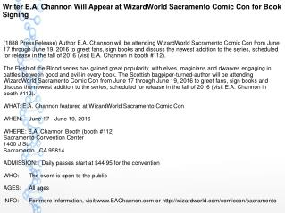 Writer E.A. Channon Will Appear at WizardWorld Sacramento Comic Con for Book Signing