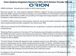 Orion Systems Integrators Named to CRN's 2016 Solution Provider 500 List