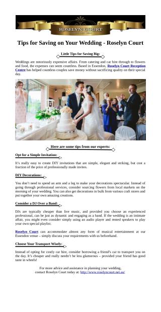Tips for Saving on Your Wedding - Roselyn Court