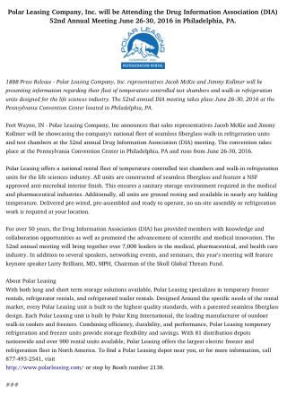 Polar Leasing Company, Inc. will be Attending the Drug Information Association (DIA) 52nd Annual Meeting June 26-30, 201