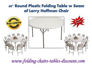 60" Round Plastic Folding Table w Seam of Larry Hoffman Chair