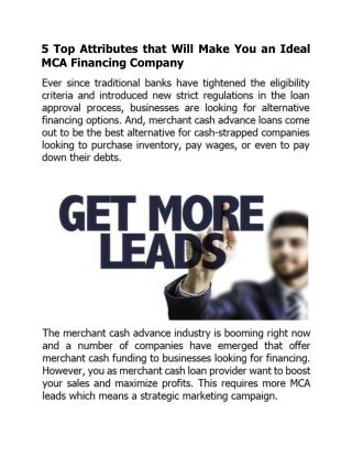 5 Top Attributes that Will Make You an Ideal MCA Financing Company