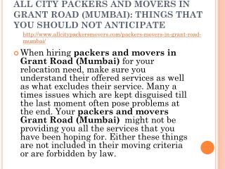 All City Packers and Movers in Grant Road (Mumbai): things that you should not anticipate