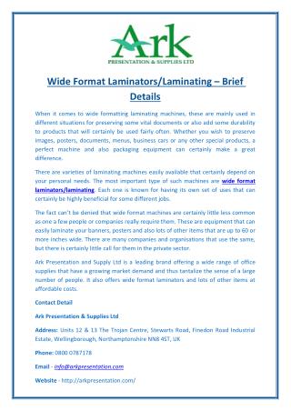 Wide Format Laminators/Laminating – Brief Details