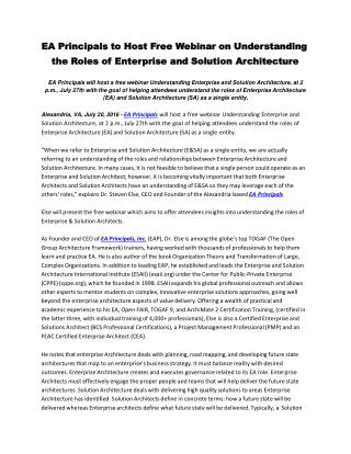 EA Principals to Host Free Webinar on Understanding the Roles of Enterprise and Solution Architecture