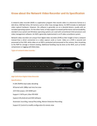 Know about the Network Video Recorder and its Specification