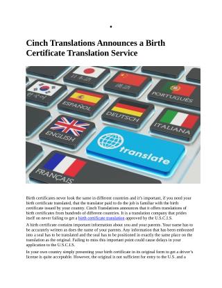 Cinch Translations Announces a Birth Certificate Translation Service