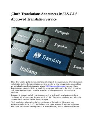 Cinch Translations Announces its U.S.C.I.S Approved Translation Service