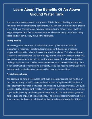 Learn About the Benefits of an Above Ground Water Tank