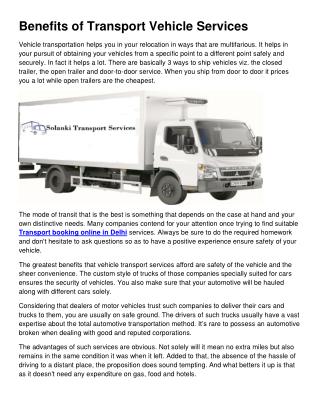Benefits of Transport Vehicle Services