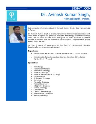 Dr. Avinash Kumar Singh, Best Hematologist | Sehat.com