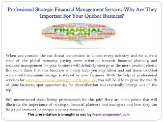 Professional Strategic Financial Management Services-Why Are They Important For Your Quebec Business?