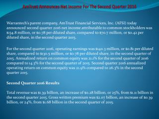 AmTrust Announces Net Income For The Second Quarter 2016