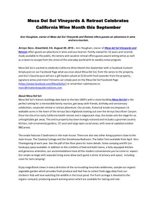 Mesa Del Sol Vineyards & Retreat Celebrates California Wine Month this September