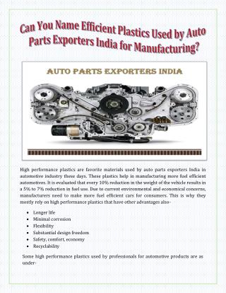Can You Name Efficient Plastics Used by Auto Parts Exporters India for Manufacturing?