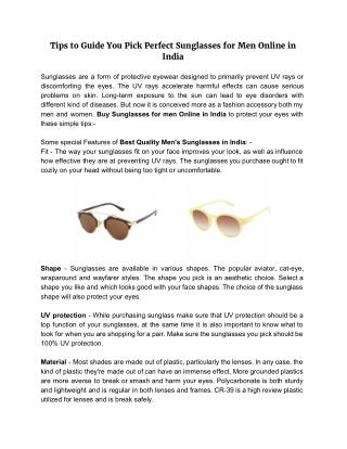 Tips to Guide You Pick Perfect Sunglasses for Men Online in India