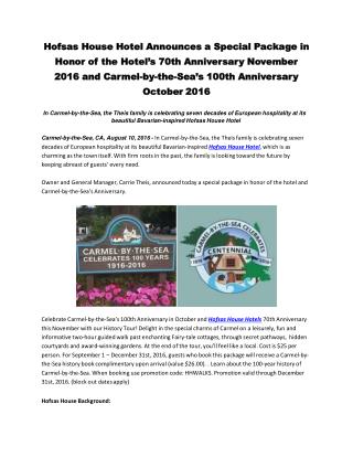 Hofsas House Hotel Announces a Special Package in Honor of the Hotel’s 70th Anniversary