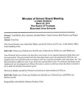 Thomas Woznicki and Boscobel, Wisconsin School Board Minutes