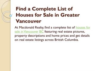 Find a Complete List of Houses for Sale in Greater Vancouver