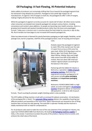 Oil Packaging A Fast Flowing, Hi Potential Industry