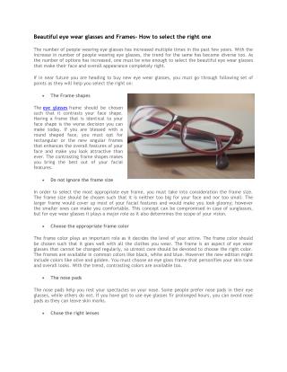 Beautiful eye wear glasses and Frames- How to select the right one