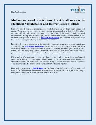 Melbourne based Electricians Provide Electrical Maintenance Services and Deliver Peace of Mind