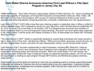 Team Robin Sharma Announces Americas First Lead Without a Title Open Program in Jersey City, NJ