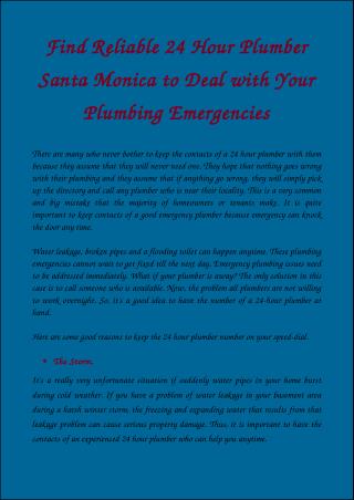 Find Reliable 24 Hour Plumber Santa Monica to Deal with Your Plumbing Emergencies