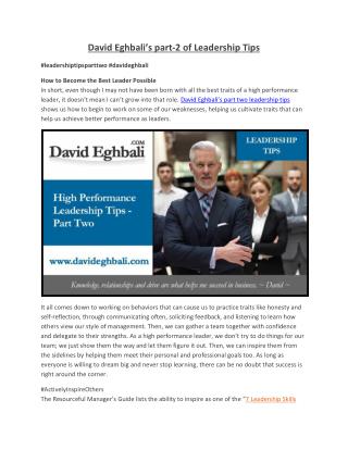 David Eghbali’s part-2 of Leadership Tips