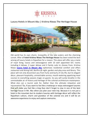 Luxury Hotels in Mount Abu - Krishna Niwas The Heritage House