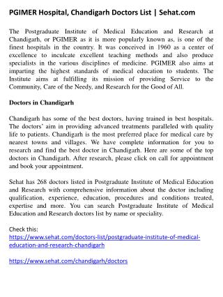 PGIMER Hospital, Chandigarh Doctors List | Sehat
