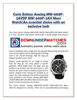 Casio Enticer Analog MW-600F-2AVDF MW-600F-2AV Mens Watch|An essential choice with an exclusive look