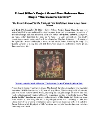 Robert Miller’s Project Grand Slam Releases New Single “The Queen’s Carnival”