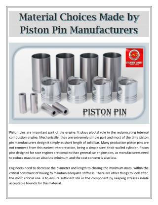 Material Choices Made by Piston Pin Manufacturers