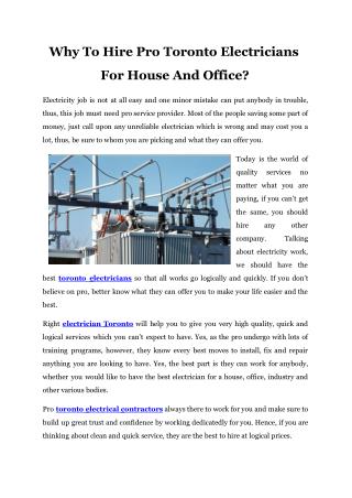 Why To Hire Pro Toronto Electricians For House And Office