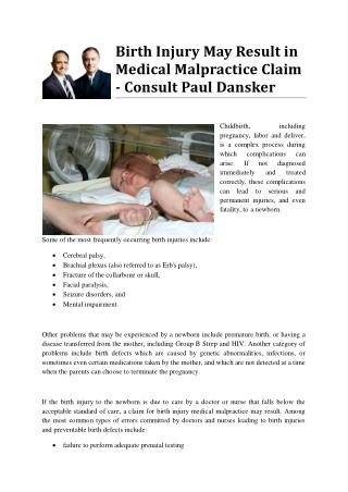 Birth Injury May Result in Medical Malpractice Claim - Consult Paul Dansker