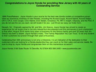 Congratulations to Joyce Honda for providing New Jersey with 40 years of Outstanding Service