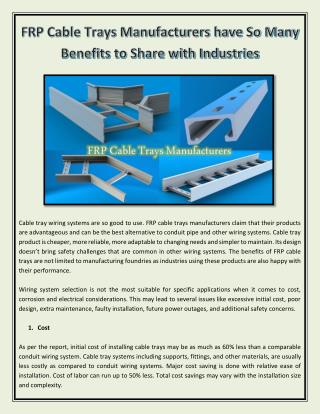 FRP Cable Trays Manufacturers have So Many Benefits to Share with Industries