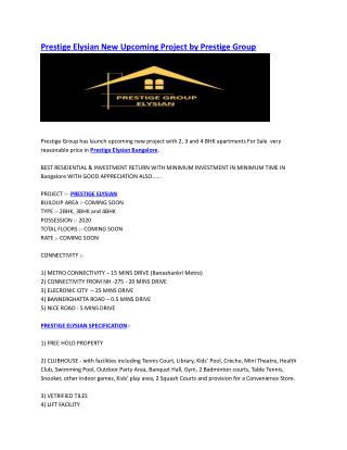Prestige Elysian Bannerghatta Road Bangalore