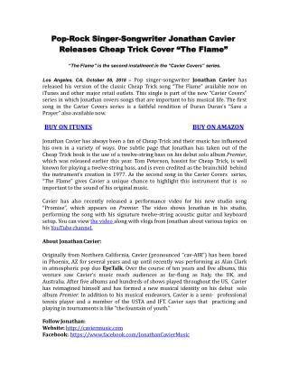 Pop-Rock Singer-Songwriter Jonathan Cavier Releases Cheap Trick Cover “The Flame”